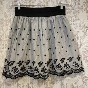 RHAPSODY Lined Cotton Elastic Waist Skirt Size Small Gray with Black Embroidery